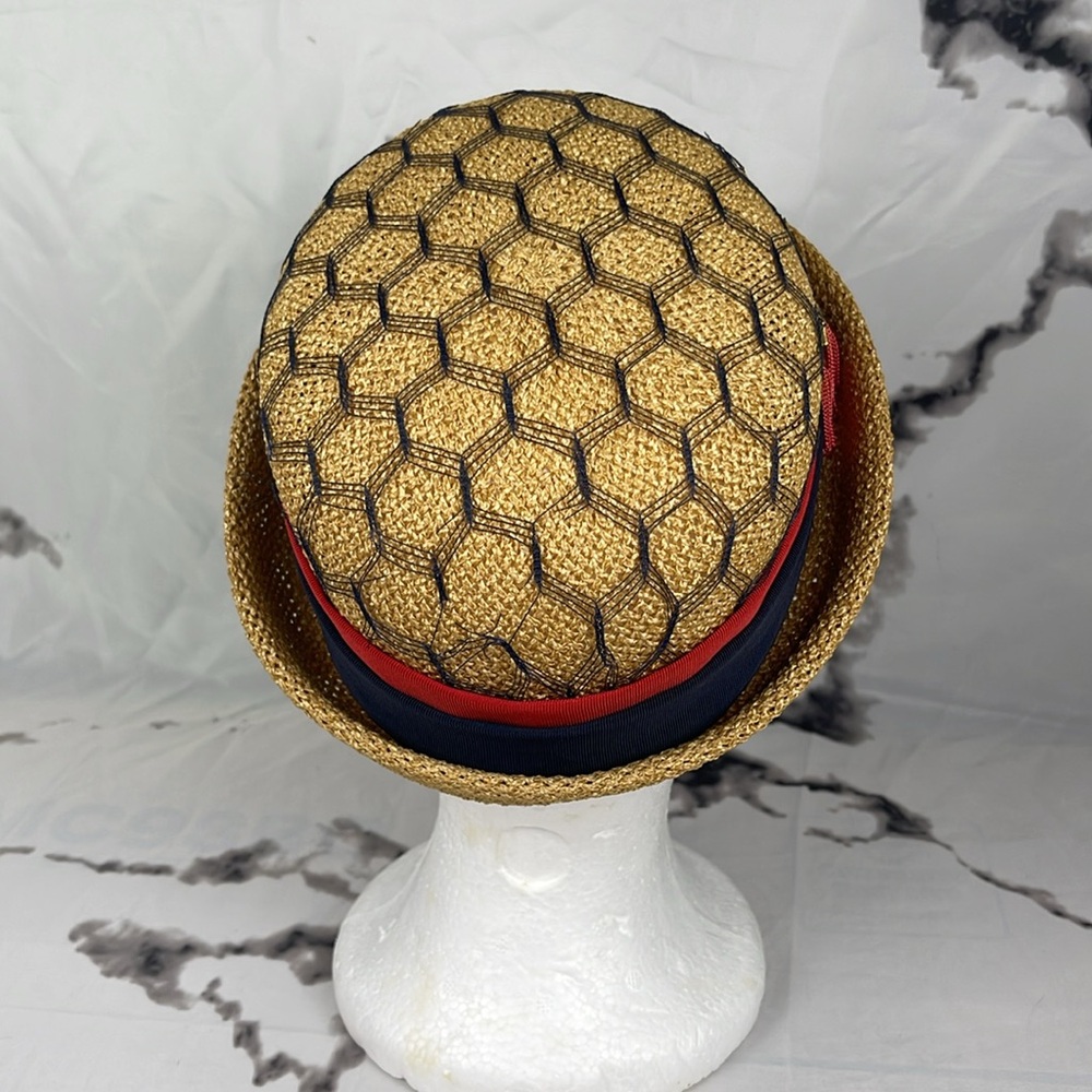 Jan Leslie Vintage Boater Hat Straw Red & Blue Grosgrain Ribbon Band Tassel Net - Picture 2 of 8